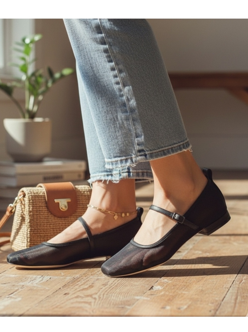 Deltan Black Leather Mesh Mary Jane Flats 9